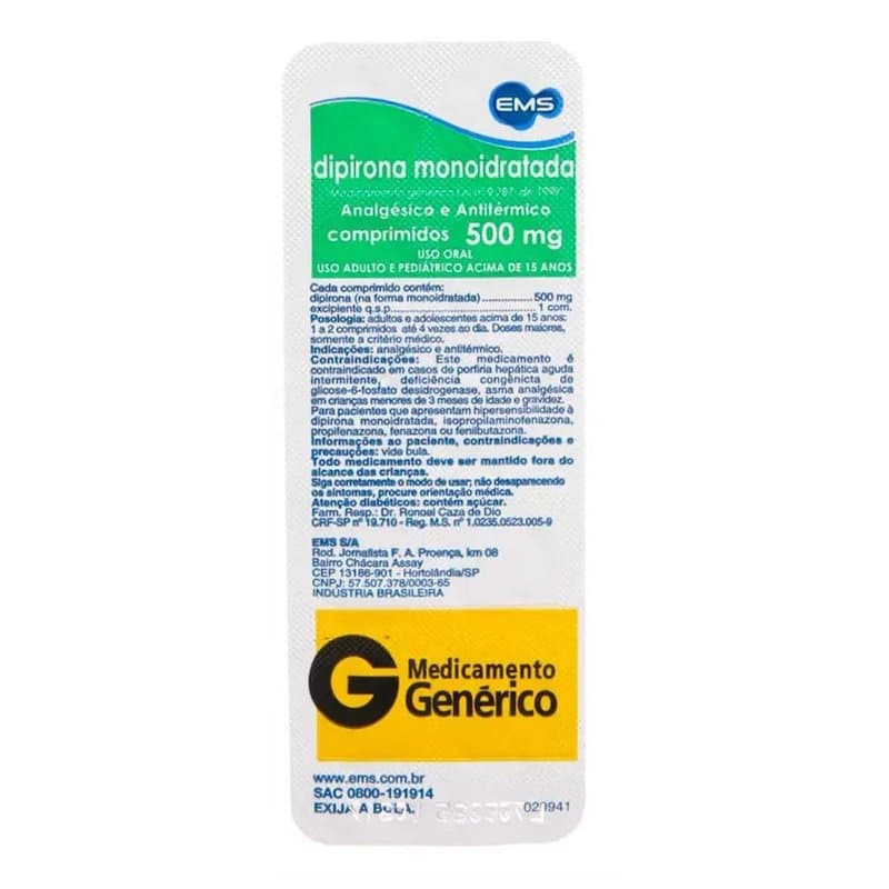 DIPIRONA SODICA 500mg cx 500 comp e.m.